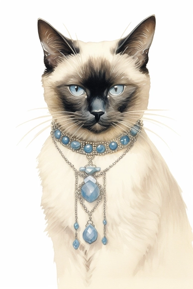 Siamese Cat with striking blue eyes and a delicate silver collar adorned with small diamond charms Victorian Illustration, 1920s Illustration, Vintage, Antique, Ephemera, Clipart, 8k, Isolated on white