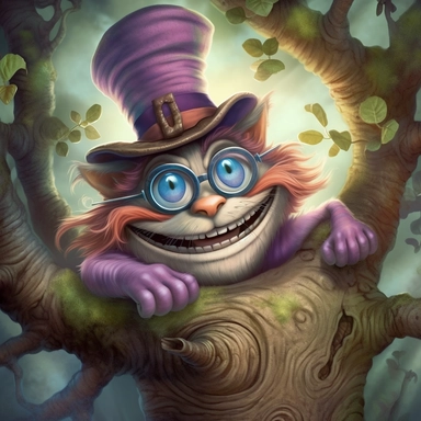 COMIC/CARTOON fantasy magical wacky cheshire cat in a huge tree,large eyeglasses, hats, muted colors, swirls, twists, twirls, metallic, glitter, stylized, funny, centered, airbrushed, digital oil, detailed illustration, clip art, cartoon, 8k, ar 9:8
