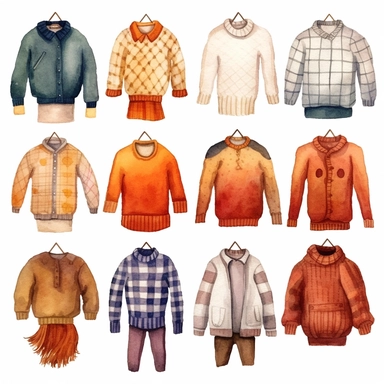 watercolor, hyper realistic, white background, white margins, 16k, ultra detailed clipart, cut out image, hand-drawn a collection of sweaters in various patterns, such as argyle, herringbone, and cable knit, celebrating the diversity of cozy autumn styles.