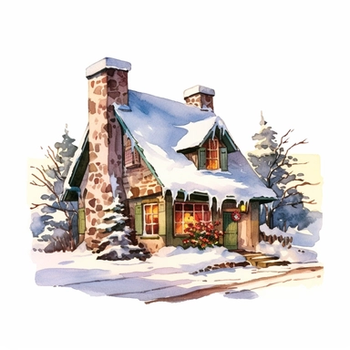 a cartoon clipart of a cottage in the winter at christmas, 1960's golden book illustration, white background, watercolor
