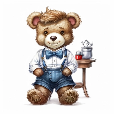 Adorable cute fantasy Teddy bear dressed like a barber, nursery art, clipart image, lineart image, white background, very detailed, 8k