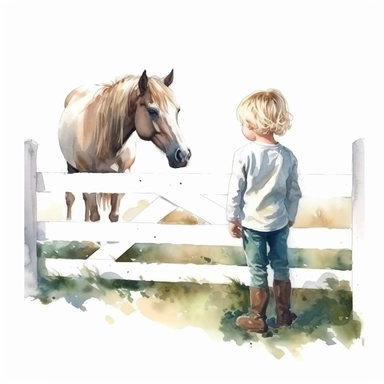 watercolor small child looks at a horse that stands behind a fence, warm sunlight, hyper realistic, isolated white background, 8k, ultra detailed clipart, warm green