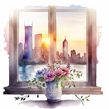 one Watercolor BIG Window WITH Chicago SUNRISE VIEW and little flowers clipart