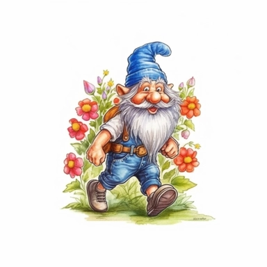 the most cute whimsical cartoon gnome, with hat over eyes, wearing a summer flowers hat and poulaines shoes, hands in his pockets, running, clipart, white background with margins