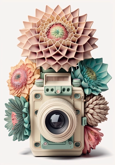 a watercolor vintage photo camera, profil view, surrounded by an intricate arrangement of dramatic extravagant ultra realistic digital multicolor 3D happy giant dahlias, in the style of large-scale photography, lush detailing, watercolor style, pastel colors, sacred geometry, origamy, kaleidoscope, photorealistic, playfully intricate, made of flowers, bloomcore, 8K, clipart, clear background