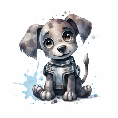watercolor kawaii gray robot dog clipart on a white background