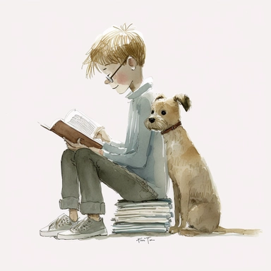 a dog sitting next to a young blonde boy reading a book, watercolor and ink drawing, clipart, happy, gentle smile, beautiful watercolor ink wash coloring, thick pencil lines, Jon klassen, Adrian tomine, popular on etsy, watercolor illustrations clipart, watercolor illlustrations for kids and children, book illustrations, plain white background