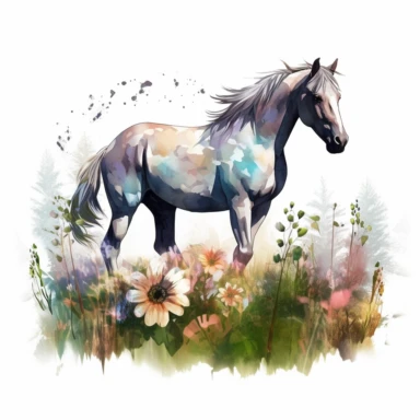 detailed watercolor clipart, photography style, beautiful horse, in a meadow, full body, spring floral,self shadow, white background