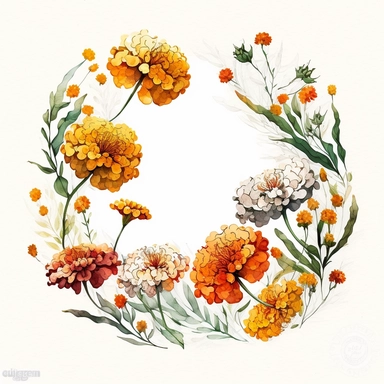 [8987304983] Watercolor clipart. A medley of marigolds fills the frame, their petals seemingly fluttering in the breeze in this enchanting watercolor image.. White background. No text. No caption. No logo