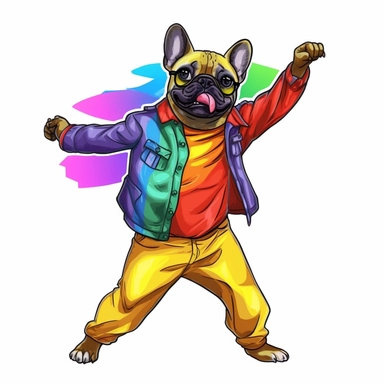 funny sticker, white background, french bulldog, funny dancing, funny rainbow clothing, in style lgbtq, full body, clipart