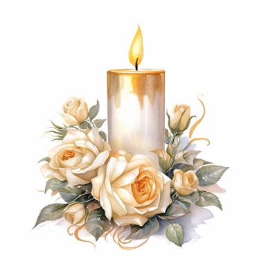 watercolor, white background, clipart, watercolor, white background, ultra-realistic and hyper-detailed clipart beautiful cozy candle with white roses, white and rich gold hues