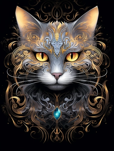 A cat portrait in a gold dress with ornate silver tattoo, in the style of black and lpurple, fractal patterns, mind - bending murals, dark cyan and orange, zbrush, depictions of animals, distinctive noses, clipart png, photorealistic, watercolor, digital painting, WHITE BACKGROUND, fantasy style, realistic, painting, 8k, ultra details,