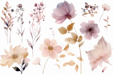 watercolor flowers with different sizes, clipart, in the style of soft and airy compositions, light magenta and light bronze, mix of masculine and feminine elements, ephemeral installations, delicate details, organic simplicity, nature-inspired imagery