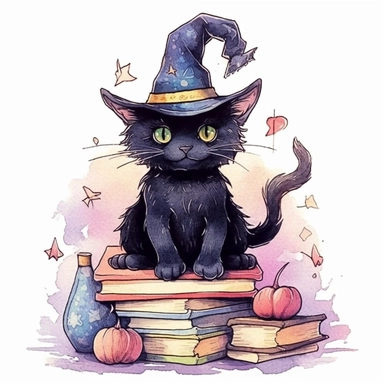 Halloween, cute little kawaii black cat in witch hat sitting near old magic books, isolated on a white background watercolor, unique, intricate detail , style by Lucy Fleming, watercolor, smooth gradients, black contour outline, ultra detailed, clipart elements, delicate pastel colors, solid white background, super clear, high quality
