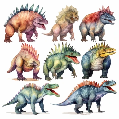 aggressive dinosaurs, full body, clipart set on white background, watercolor