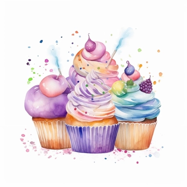whimsical watercolour cute clip art party food on white background, gradient illustration style, pastels, clipart, beautiful, colourfull, png transparent white background, high resolution, no caption q4 s2