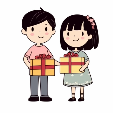 kids with present, full body, christmas, characters, cute, kawaii, simple, on white background, cartoon, vector art, clip art, doodle art, comic art