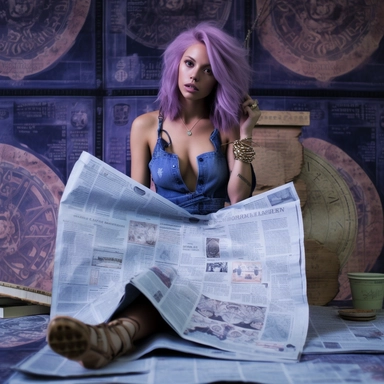 Amethyst Amaris art, astrology reading in the newspaper for aries, fifth house in astrology, neptune, uranus, capricorn, north node in capricorn, news paper clippings textile background with denim, alchemy tools, magnifying glass, allegory, allegory of light, Capo di tutti capi, french japanese, kanji script, photographer David LaChapelle, art dealers, toyen, dada, Alexander Mcqueen, Maison Margiela, John Galliano, ? evil eye bindi tattoo on forehead, ??‍♀️?‍♀️??‍♀️, ??, ??, uncolonized, theme A