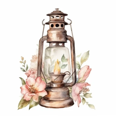 watercolor vintage rustic hurricane lamp with flowers clipart, hd, white background--ar3.2--s1000