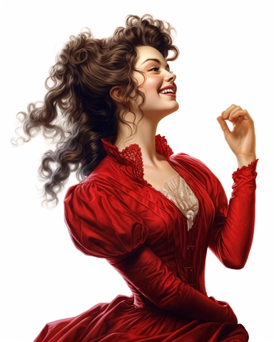 detailed smiling beautiful lady , dressed in a red victorian vintage dress fixing hair, hyper realistic, 8k, isolated on white backgorund, clipart