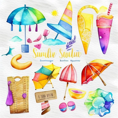 Please create a series of watercolor clipart illustrations featuring different items related to summer. Each illustration should be drawn in a charming and playful style that captures the beauty and vibrancy of the season. Items to include can be beach umbrellas, flip flops, sunglasses, ice cream cones, sandcastles, and seashells. Please use a coherent color palette that is bright, cheerful, and evokes the feeling of warmth and sunshine. Colors that are associated with summer, such as yellows, o