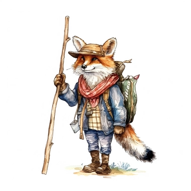 one fox holding a cane and carrying a backpack Watercolor clip art on a white background, in the style of charming character illustrations, realistic brushwork, detailed costumes, adventurecore, cottagepunk, handheld, wallpaper , no watermark, text, 300 DPI , typography, shapes do not stick together, no text in the picture, on a white background