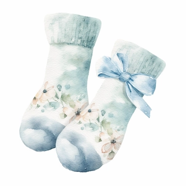 clipart, cute vintage baby sock, soft blue watercolor clipart, isolated, white background,