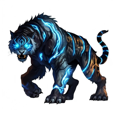 a glowing tribal tiger with blue lights on his eyes, tribal animals, in the style of manhwa character design, master of shadows, burned/charred, himalayan art, dark black and light azure, 2d game art, quadratura, clipart, on white blackground