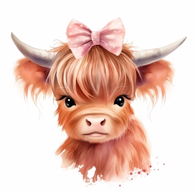 cute watercolor illustration baby girl highland cow wearing pretty hair bow clipart on white background