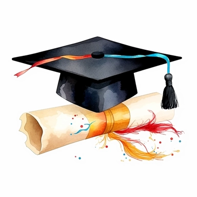 Beautiful Hat And Paper graduation Watercolor Sublimation Clipart, Cartoon,hyper realistic, intricate detail, illustration style,high solution,on the white background