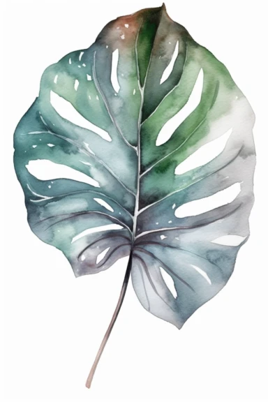 watercolor clipart illustration of a Philodendron gloriosum leaf green and grey, in the style of meticulous design, minimalistic serenity, light turquoise and dark white, oil paintings, dark green and light crimson, naturalistic poses, imitated material