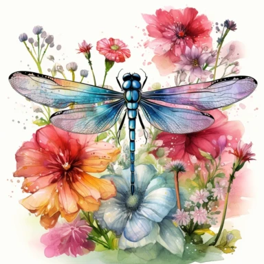 artwork in the style of cicely mary barker, clipart, whimsical watercolour illustration of a cute dragonfly and flowers, very colourful, watercolor clipart, book cover illustration, hyper HD
