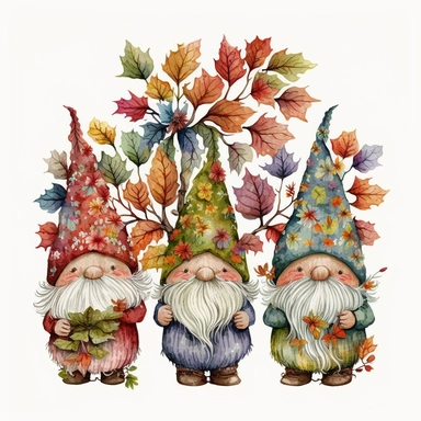 Watercolor happy 3 gnomes autumn theme, Clipart, Colorful, Retro, highly detailed on white background