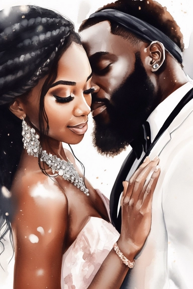 Black skin bride in a white wedding dress with diamonds and with beautiful jewelry, long beautiful hair, beautiful lips and long eyelashes glamour and the groom in a tuxedo smile watercolor clipart
