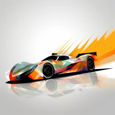 Contemporary vector clipart featuring a race car, represented by bold lines and abstract shapes, highlighting the car's distinctive design and speed, suitable for use in logos, icons, or racing-related infographics, on a clean background