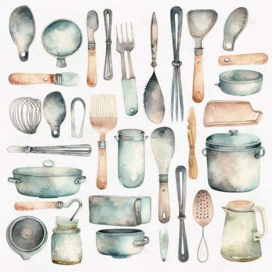 Create a watercolor clipart set of kitchen utensils and tools, including knives, spatulas, ladles, and measuring cups. Use pastel colors and subtle shading to give the images a soft, elegant look, white background