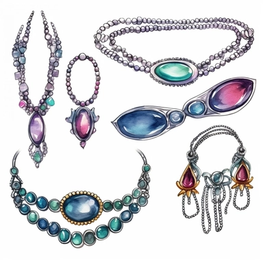 disco jewelry necklaces and bracelets , watercolor sketch clipart isolated on white background