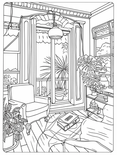 An Adult Coloring Book Featuring Fun and Relaxing Interior Home Designs with Beautifully Furnished Rooms and Welcoming Outdoor Spaces, coloring page line art, black and white clipart for coloring page, simple and clean line art, illustration style,