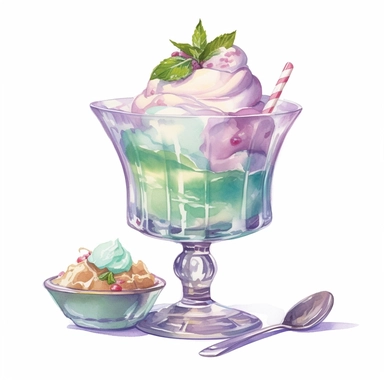 a drawing of a dessert featuring candy and whipped cream, icecream sundae, green mint, glass bowl, in the style of pastel toned, shiny/glossy, fantasy realism, caffenol developing, warmcore, #screenshotsaturday, rubens, white background, isolated, free brushstrokes, watercolor illustration, clipart,