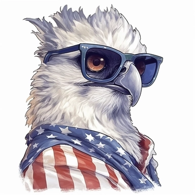medium shot, low angle, watercolor style, Harpy eagle, wears American flag scarf and sunglasses, hyper-realistic animal illustrations, 2d game art, quadratura, clipart, on white background,