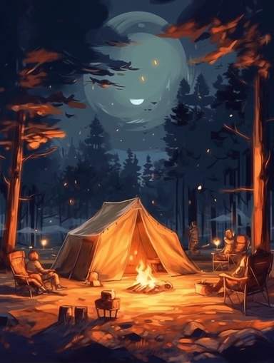 create a hand drawn watercolor clipart depicting campfire surrounded by tent, camping gear, and people enjoying the warmth of the fire, 4k,