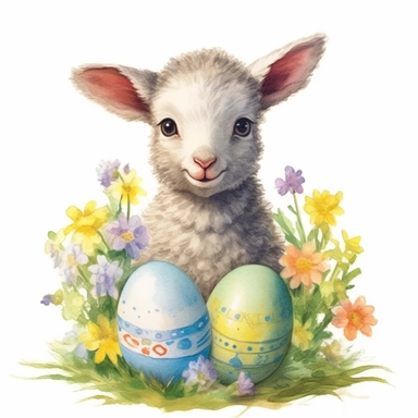Easter baby lamb, cute, colourful, highly detailed, watercolor, clipart, no signature, no text