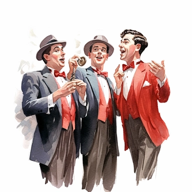 A retro-style barbershop quartet performing in a park, harmonizing classic songs and wearing dapper outfits, clipart, watercolor, white background, american style