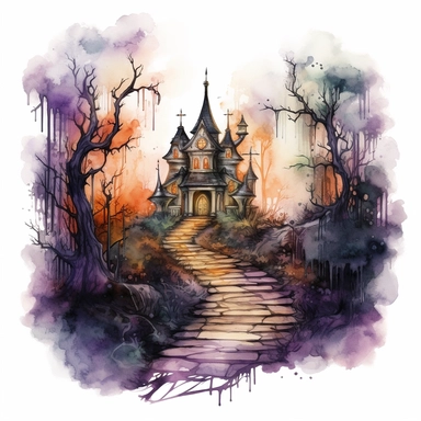 isolated illustration of a fantasy haunted path, eerie vibe, halloween colors, watercolor illustration, high resolution clipart, isolated on white background