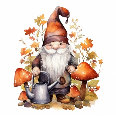Watercolor, Gnomes Cutie cartoon, Water well garden of autumn Flower, clipart, on a white background
