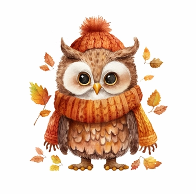 An owl autumn - themed, full color, knitted painting texture, Perfect for nursery art and children's book illustration style, simple, cute, full color, clipart, watercolor illustration, single object, high definition 8k, white background for removing background