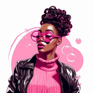 beautiful slassy african american woman wearing pink sunglasses pink jacket hoop earrings hair in a messy bun baby hair blowing a pink gum bubble arms folded she has one hand holding her face with one eyebrow raised clipart vector shiny illustration on a white background