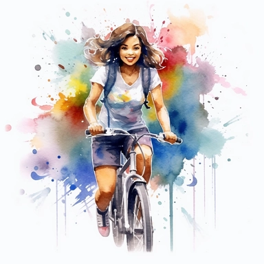 Watercolor, hd, clip art, a Japanese woman, fitness style, biking, mixed hair colors and types, full body , stationary