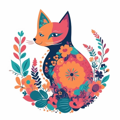 cartoon style cat, bright colored boho style flowers, silhouette vector flat simple identification symbol white backround white background minimalistic clipart png svg