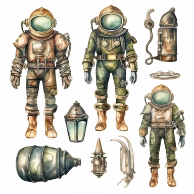 watercolor antique diving suit, illustrations clipart set, simple, , cartoon elements ,different variants , brass elements, , separate elements with a margin, ,4k, high resolution